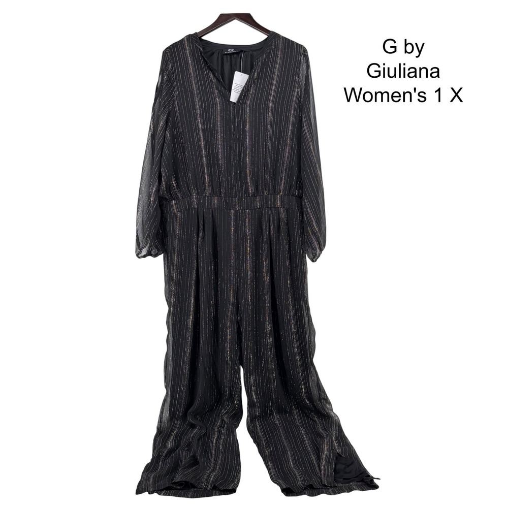 G by Giuliana Black Metallic Pinstripe Wide Leg Jumpsuit V-Neck 1X 882108-BLK